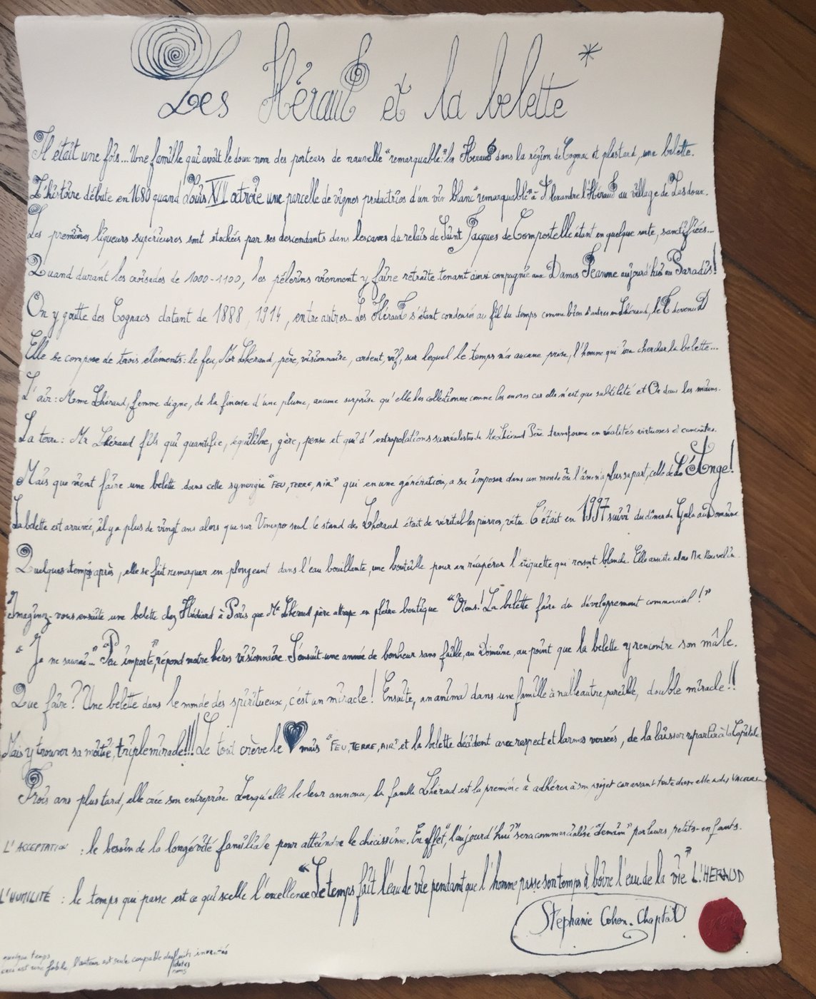 « Les HérauT et La belette » — Portrait-en-mots pour la famille Lhéraud, recopié à la main à l'encre bleue, signé et scellé à la cire rouge, 2017.