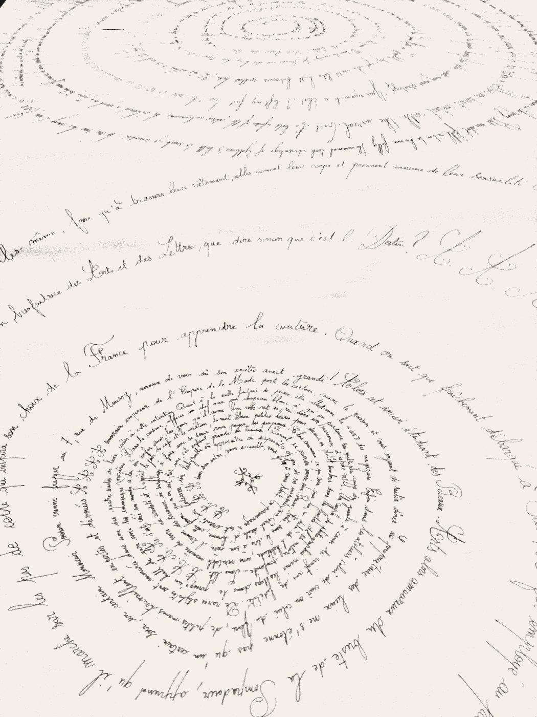 « AAAA Hors-système » — Portrait-en-mots d'Azzedine Alaïa, calligraphié en spirales sur un rouleau de papier. Exposition « Mes 7 portraits capitaux », Brachfeld Gallery, Paris, 2011.