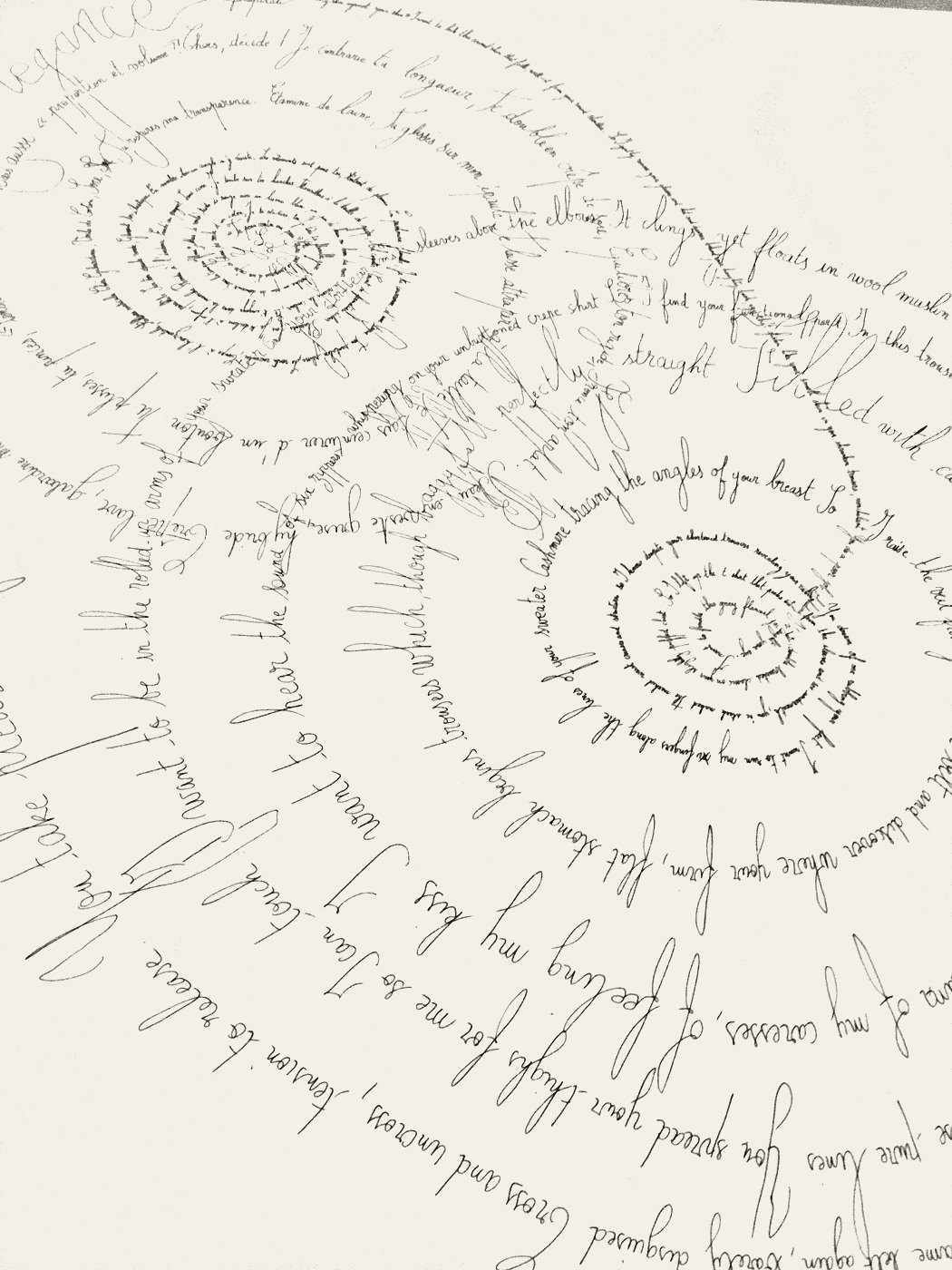 « Ta peau contre ma peau » — Portrait-en-mots de Stefano Pilati pour Yves Saint Laurent, calligraphié en spirales. Exposition « Mes 7 portraits capitaux », Brachfeld Gallery, Paris, 2011.