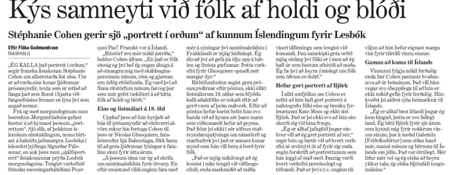 Morgunblaðið (Islande), « Elle préfère la compagnie des gens de chair et de sang », par Flóki Guðmundsson